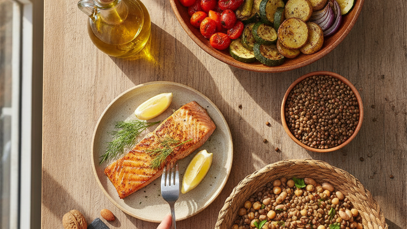 Alimentos mediterráneos saludables dieta adelgazar 2026 aceite oliva salmón verduras legumbres