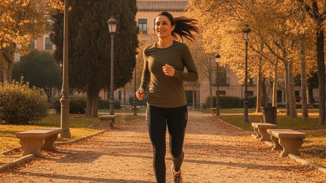 Mujer activa corriendo parque otoño ejercicio adelgazar España 2026