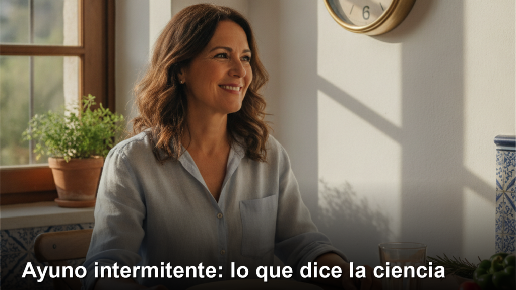 Mujer espanola en cocina mediterranea durante el ayuno intermitente