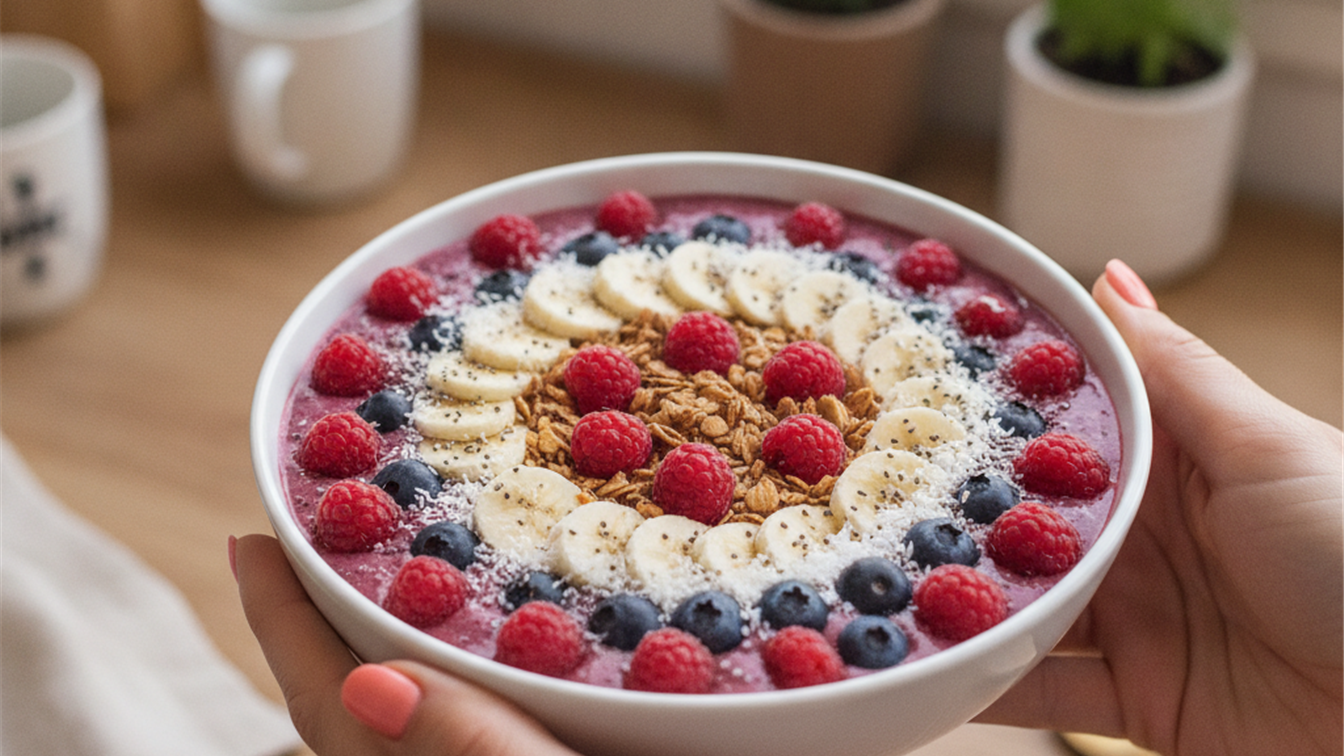Bol de batido proteico con frutas y semillas