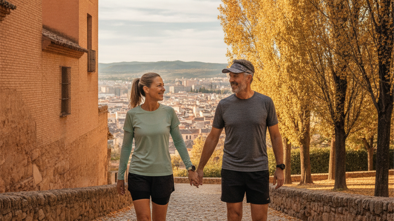 Pareja caminando en parque espanol para perder peso