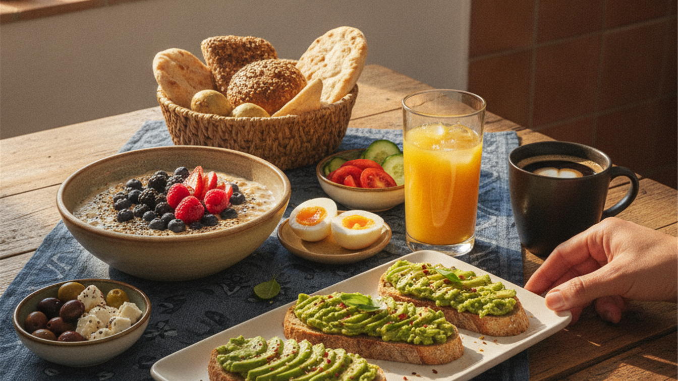 Desayuno equilibrado con avena frutas y huevos para adelgazar