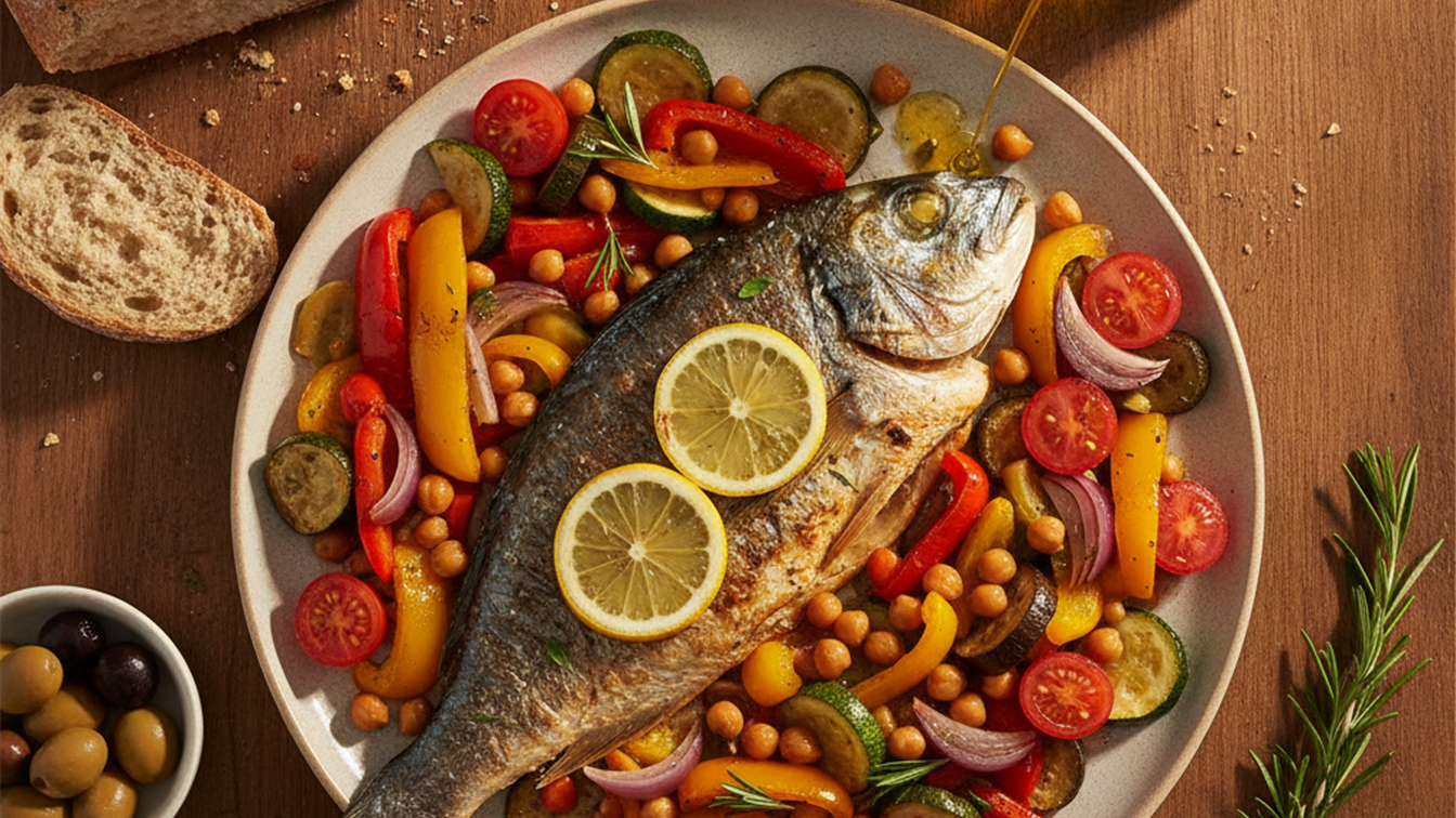 Plato de dieta mediterránea con pescado, verduras y aceite de oliva