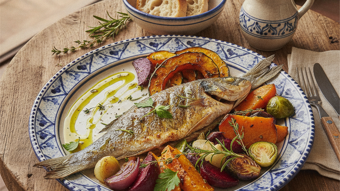 plato mediterraneo otono receta saludable pescado verduras aceite oliva