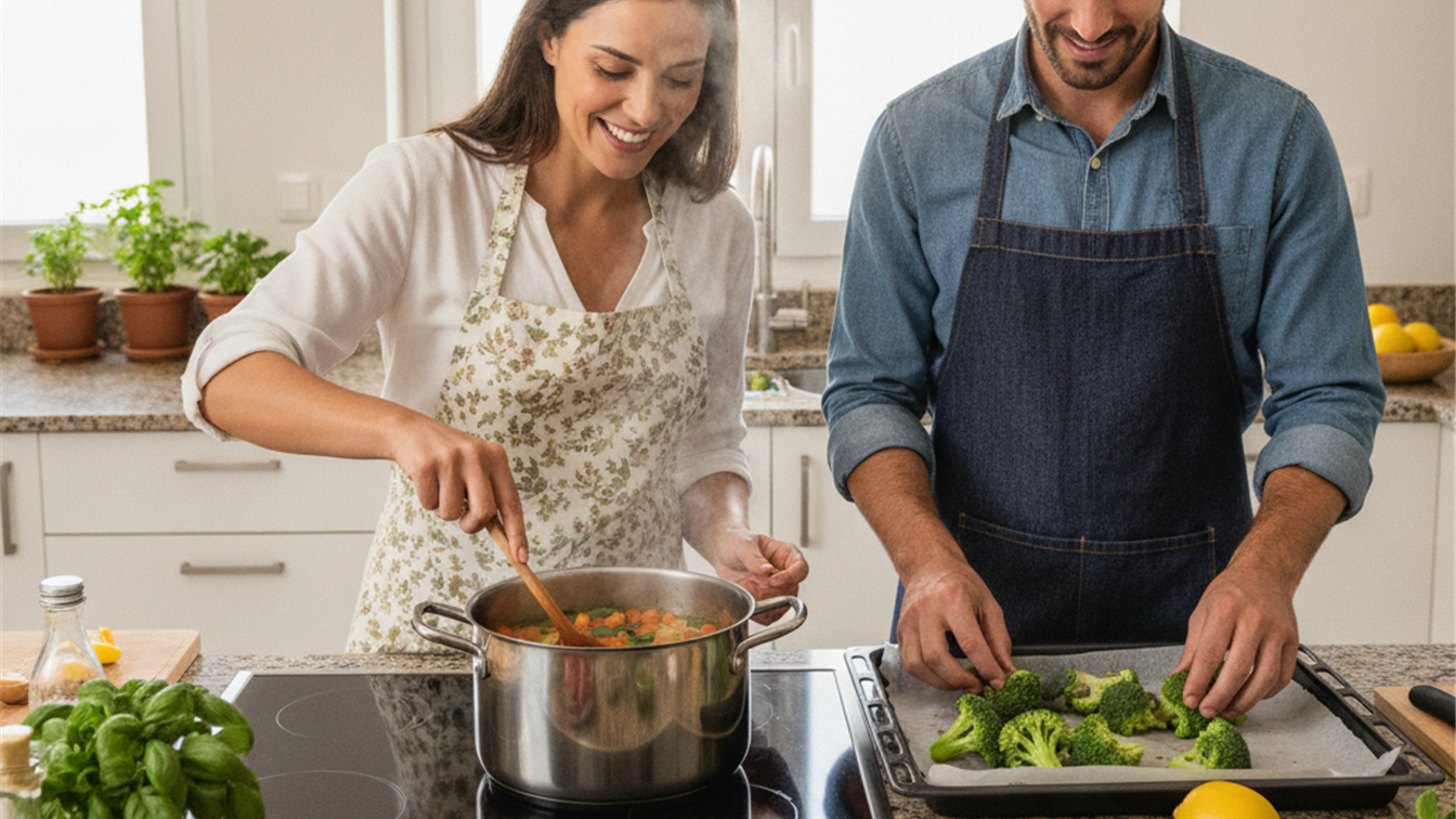 Pareja cocinando batch cooking saludable plan semanal en cocina española moderna