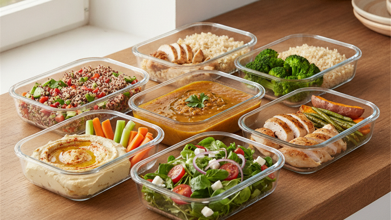 Tuppers de cristal herméticos con comida saludable preparada para batch cooking semanal
