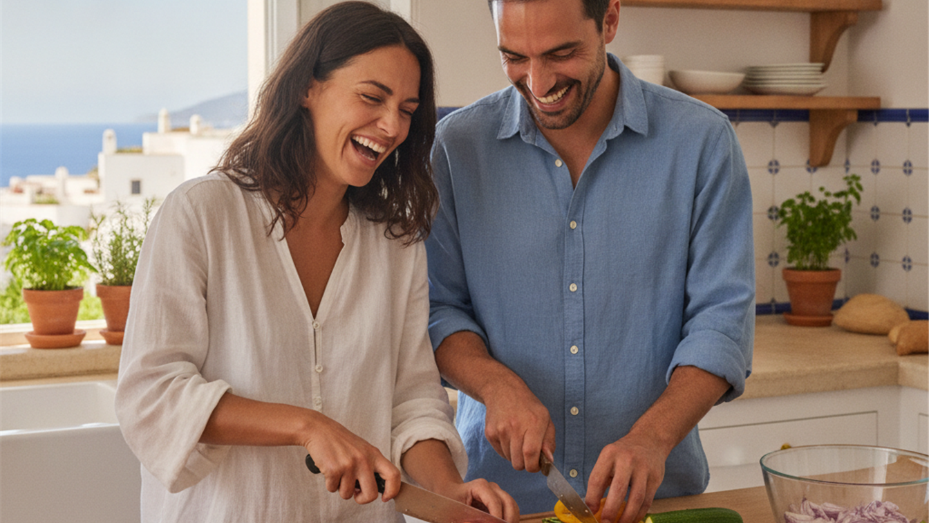 pareja cocinando verduras frescas para adelgazar batch cooking