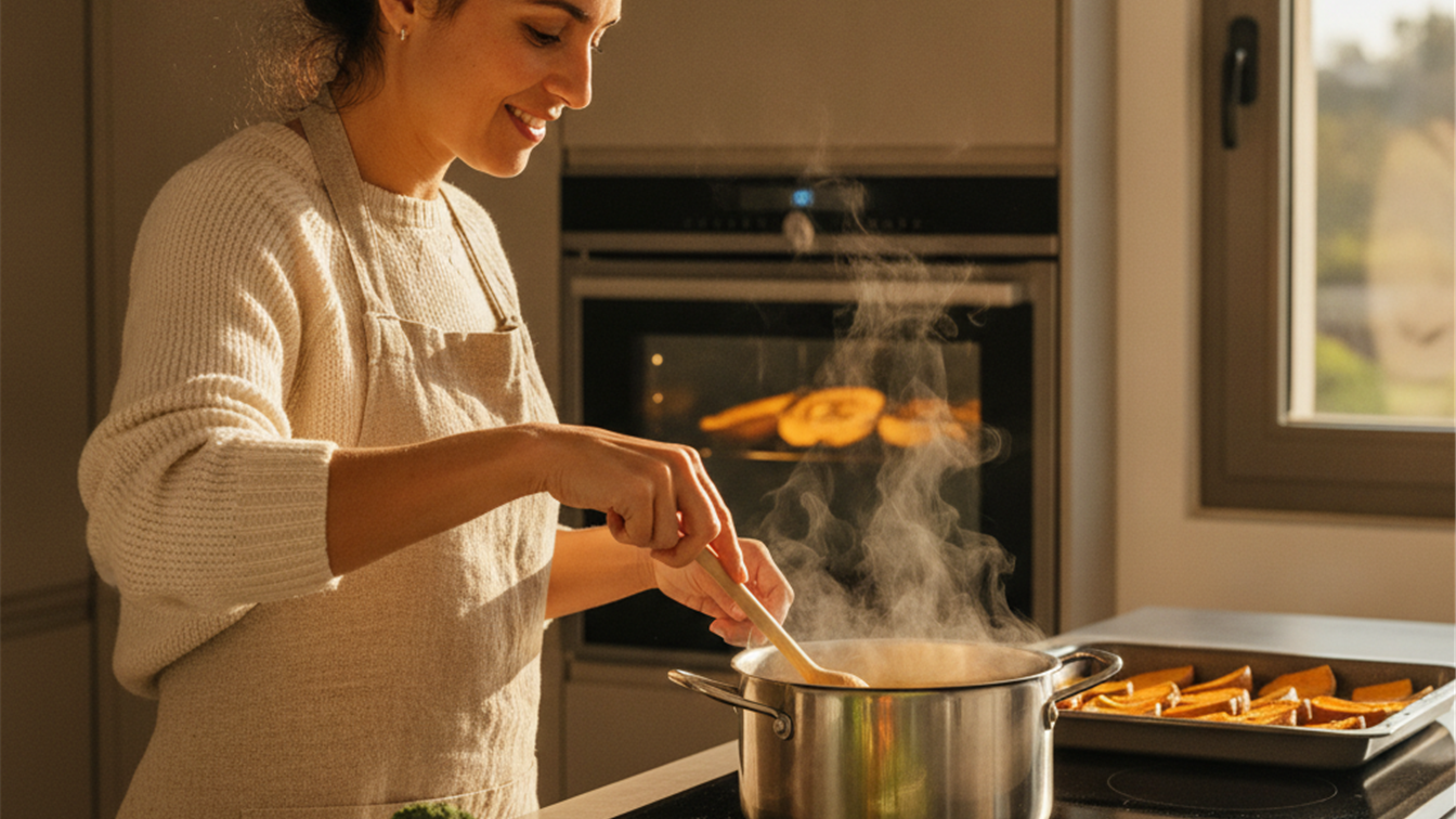Mujer cocinando batch cooking de otoño recetas saludables para adelgazar