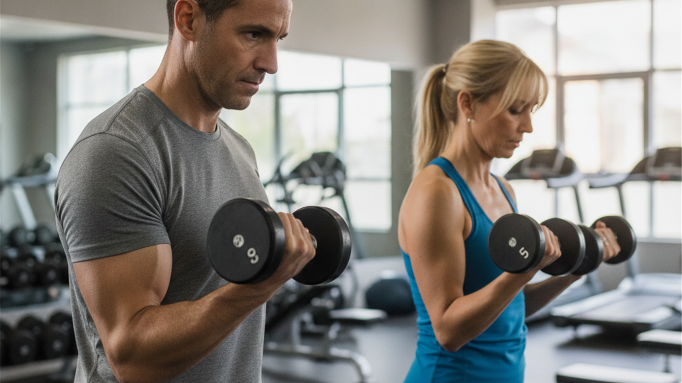 Hombre y mujer de 40 anos entrenando fuerza en gimnasio