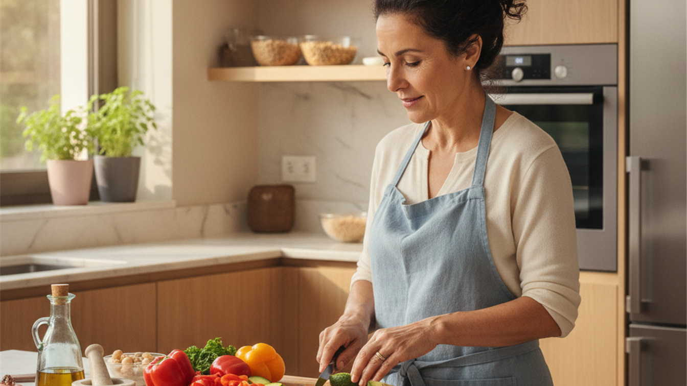 Mujer preparando comida mediterránea saludable
