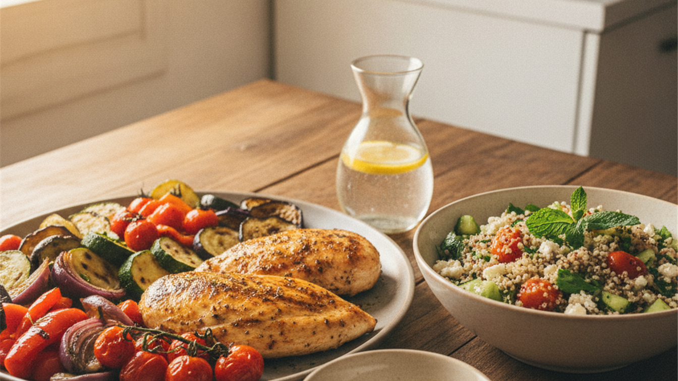 Comida mediterránea balanceada con báscula de cocina