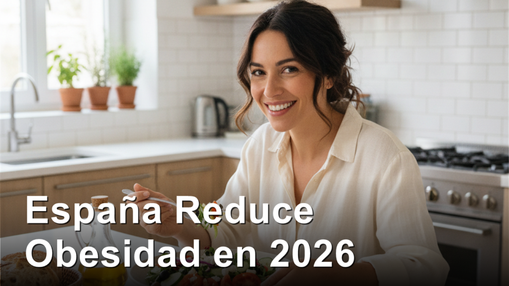 Mujer espanola comiendo ensalada mediterranea en cocina saludable