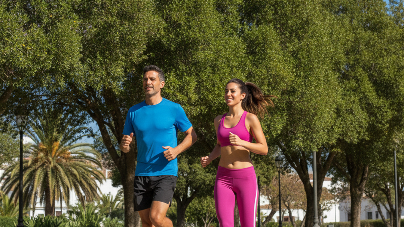 Pareja espanola corriendo en parque, ejercicio y vida activa saludable