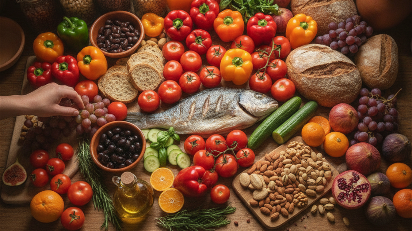 Alimentos dieta mediterranea, verduras frutas legumbres aceite de oliva