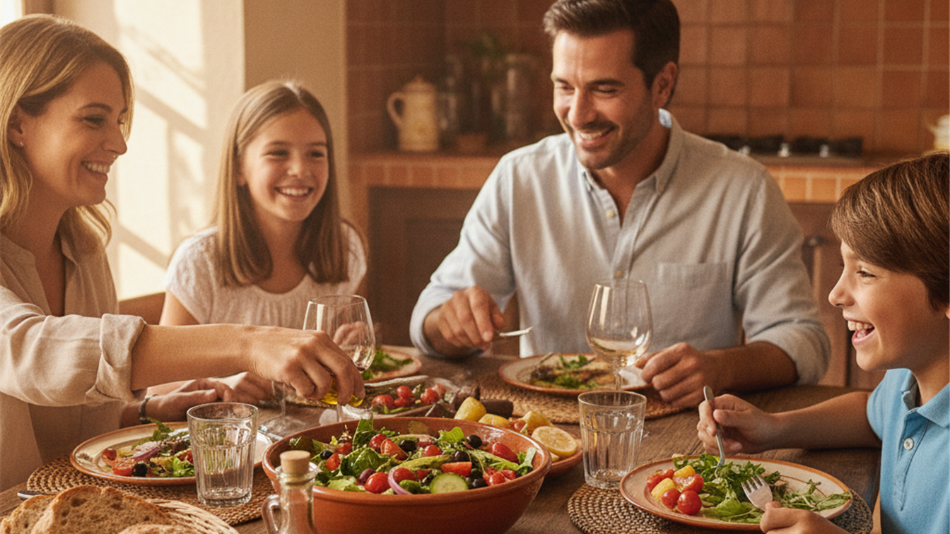 Familia espanola comiendo dieta mediterranea saludable en casa