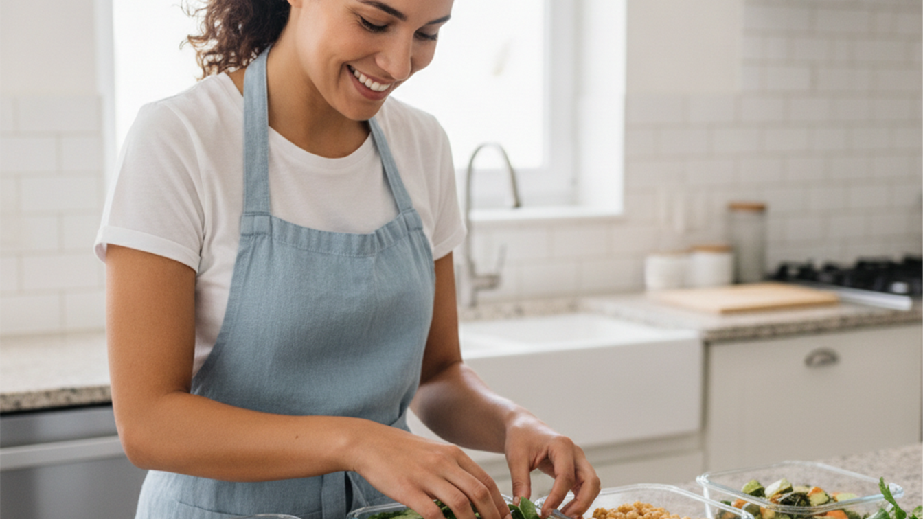Mujer preparando meal prep saludable para la semana en la cocina