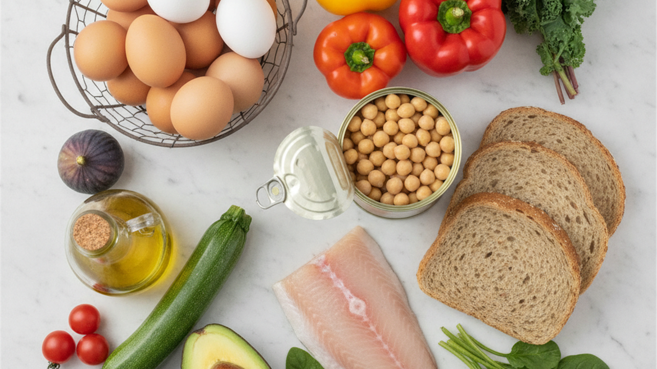 Ingredientes saludables para perder peso: huevos, garbanzos, pescado, verduras frescas y aceite de oliva
