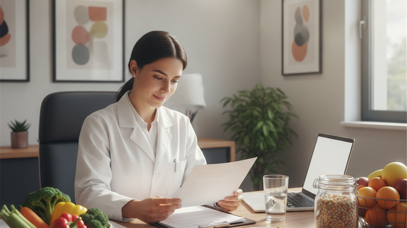 Nutricionista revisando datos de salud del paciente en consulta
