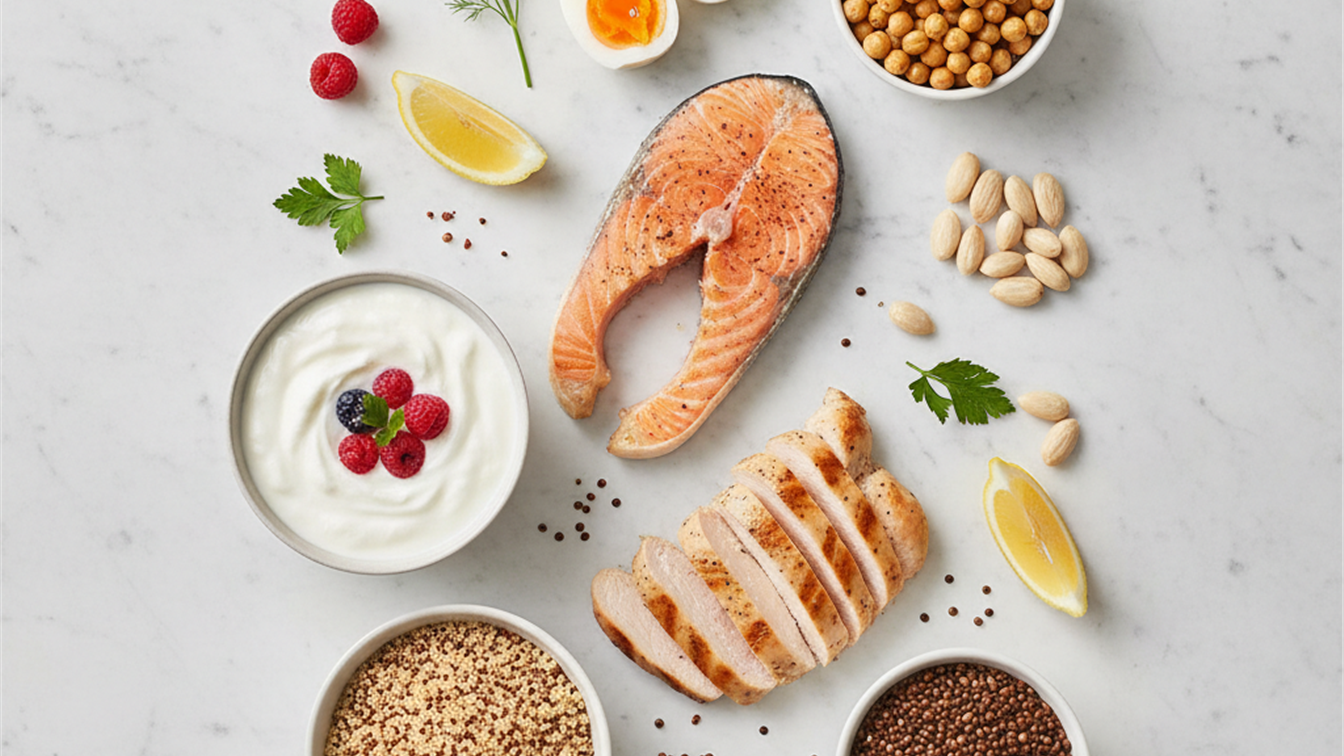 Alimentos proteicos huevos salmon yogur griego garbanzos almendras para adelgazar