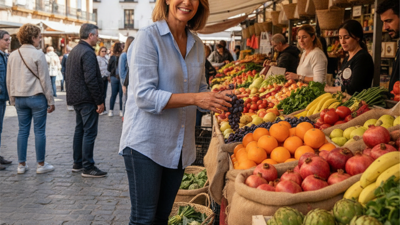 Mujer eligiendo frutas y verduras frescas en mercado español