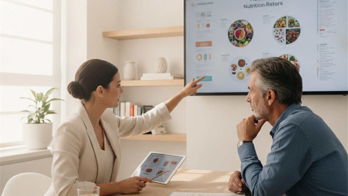 Nutricionista consultando con paciente en consultorio médico moderno