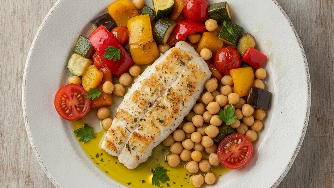 Plato mediterraneo saludable pescado verduras legumbres aceite oliva espana