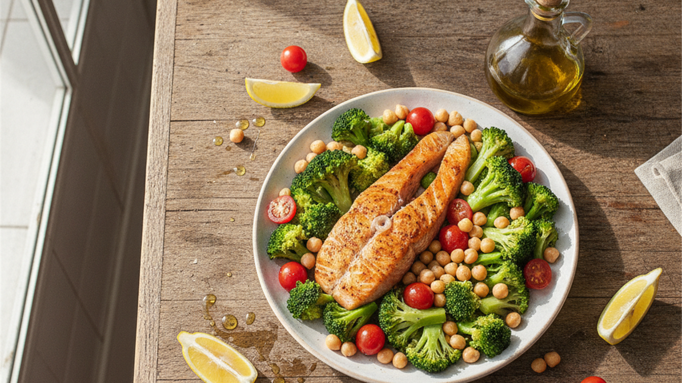 Comida mediterranea saludable salmon verduras garbanzos aceite de oliva para perder peso con GLP-1