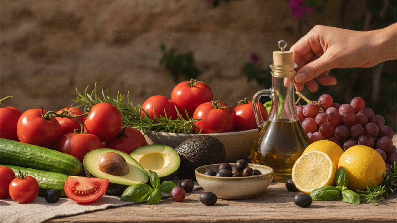 Verduras y frutas mediterráneas frescas sobre tabla de madera