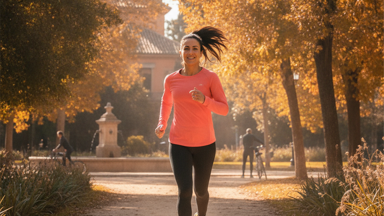 Persona haciendo ejercicio jogging en parque espanol en otono