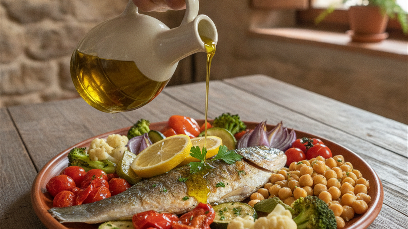 Plato de dieta mediterranea equilibrado con pescado y verduras