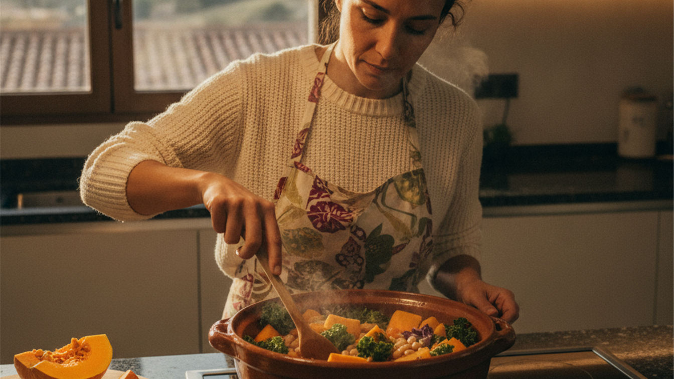 Mujer preparando sopa de verduras de otono