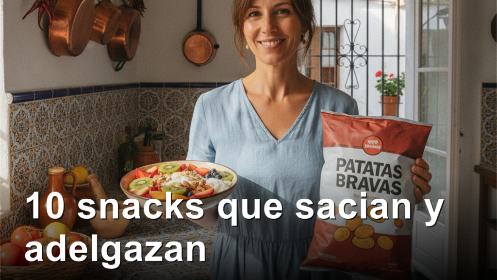 Mujer sonriente eligiendo fruta con yogur y frutos secos en una cocina espanola por la tarde
