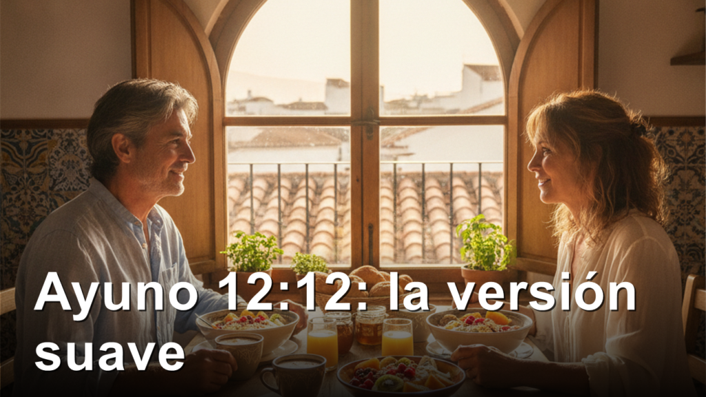 Pareja desayunando fruta y yogur en una cocina soleada
