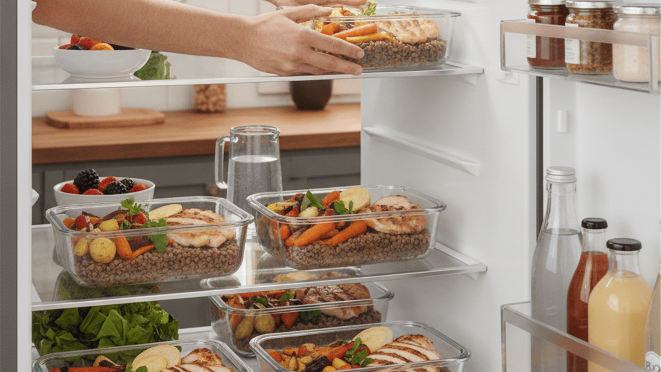 Recipientes de cristal con comida preparada en la nevera