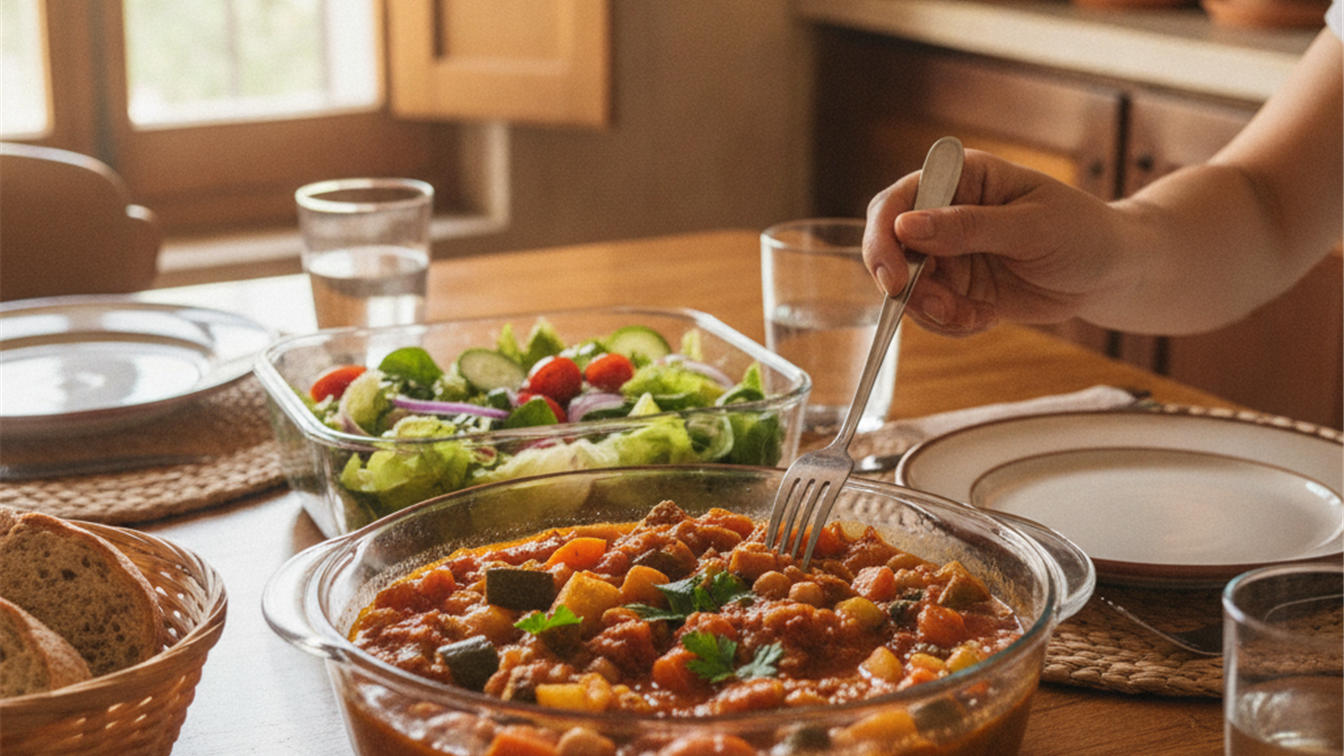 Comida casera recalentada servida en una mesa de cocina