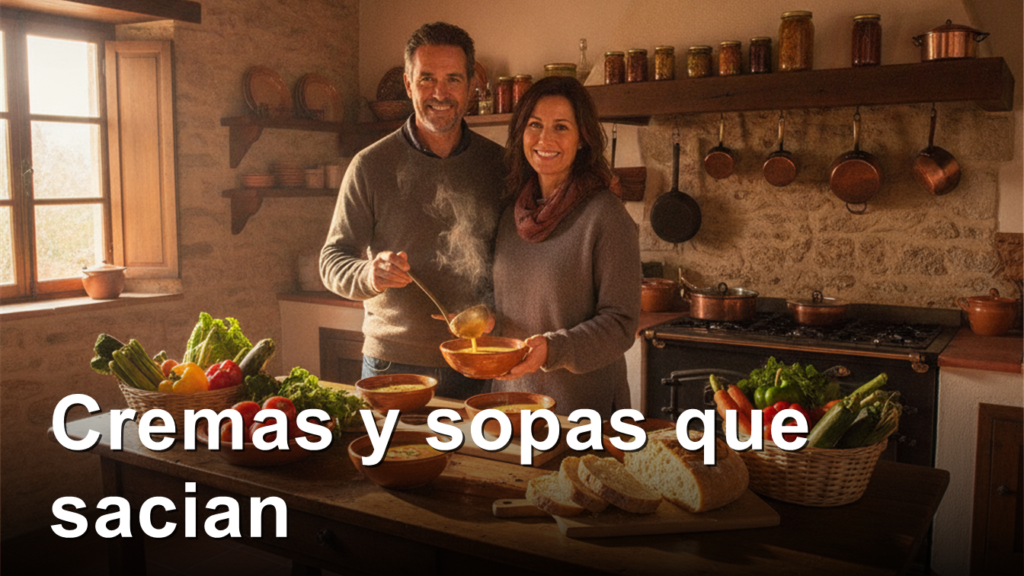 Pareja sirviendo cuencos de crema de verduras en una cocina espanola en otono