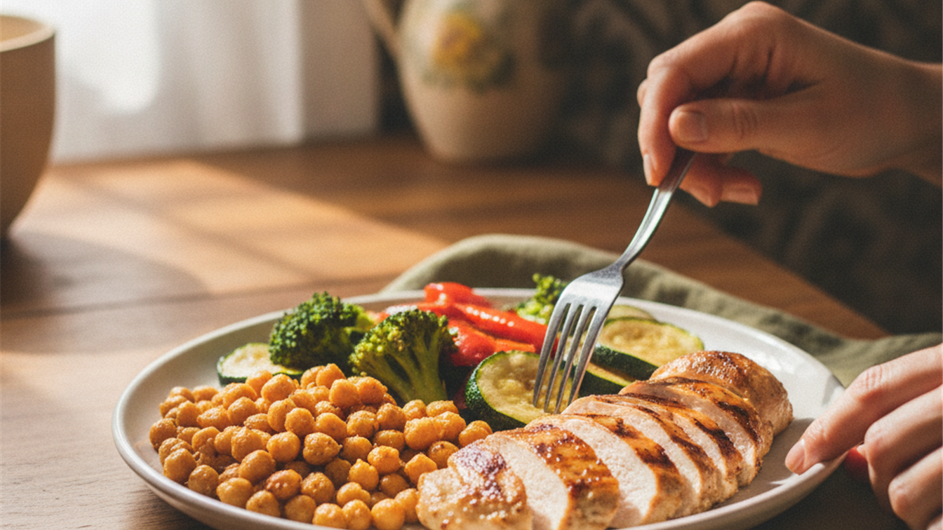 Plato ligero con garbanzos crujientes, verduras y pollo