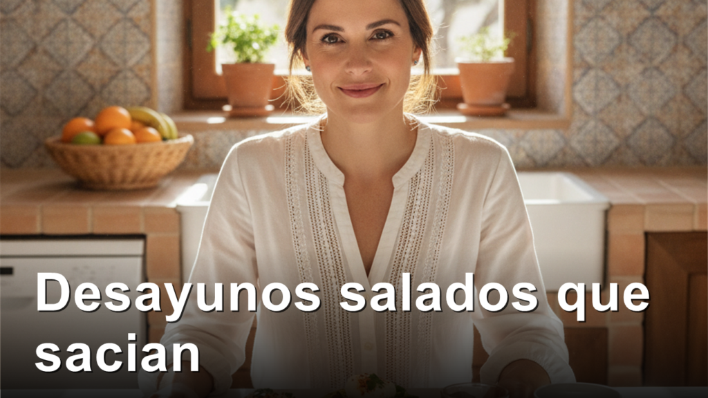 Mujer sonriente en la cocina con un desayuno salado de tostada y huevo