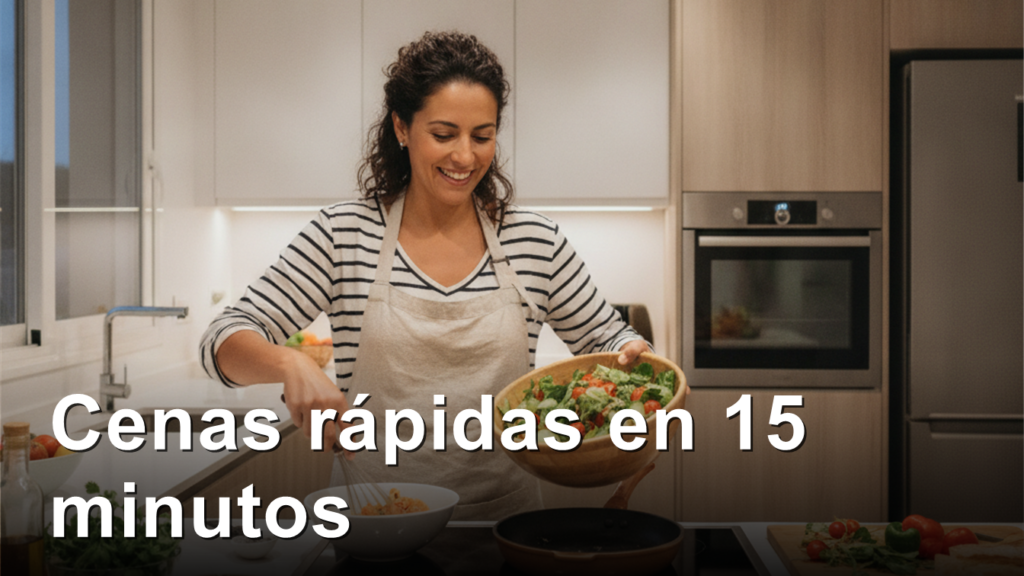 Mujer sonriente preparando una cena ligera rapida en una cocina luminosa