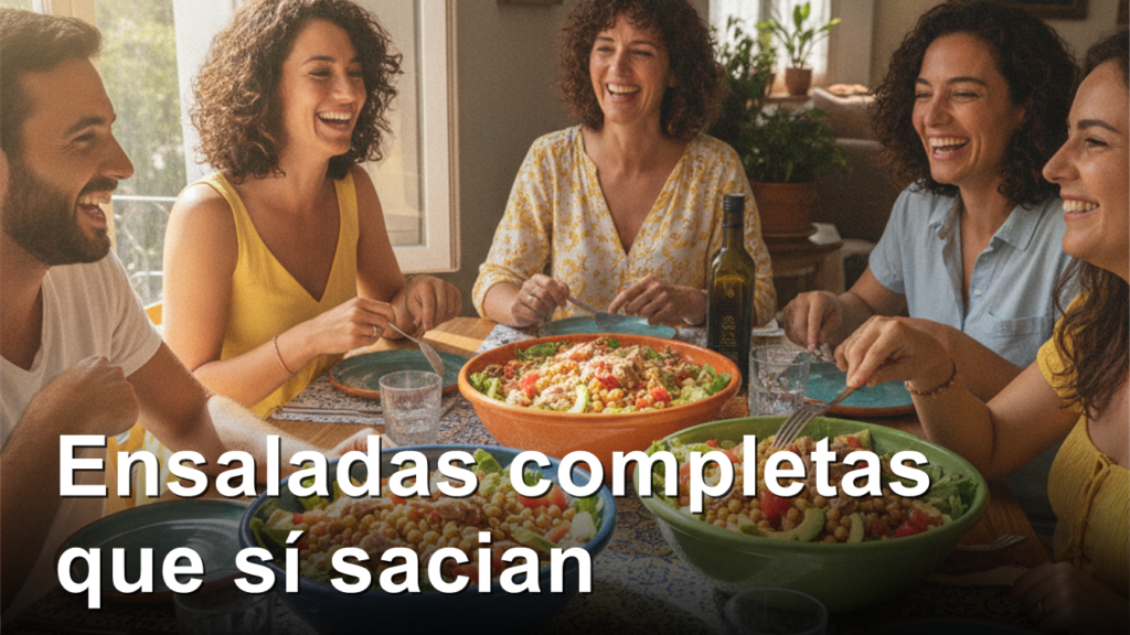 Amigos compartiendo ensaladas completas en una mesa