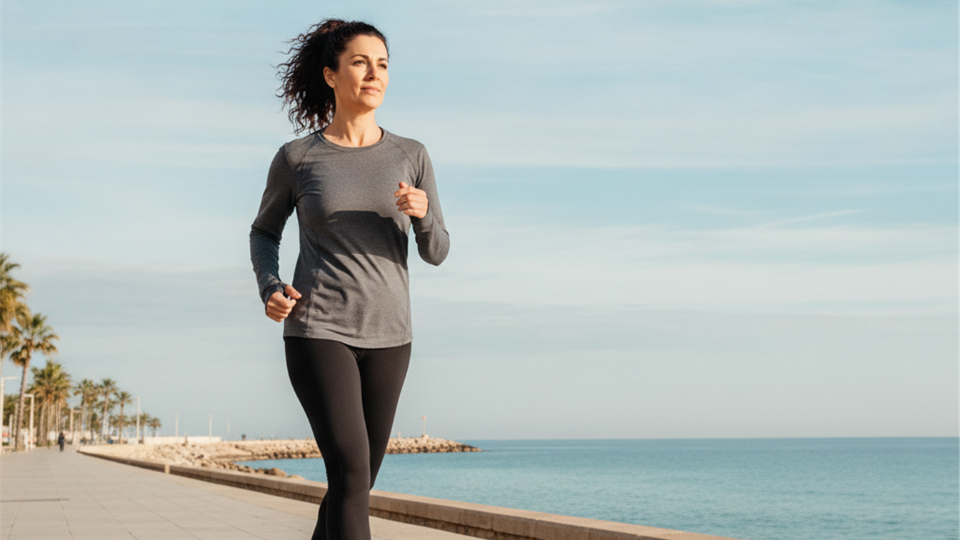 Mujer caminando por un paseo marítimo por la mañana
