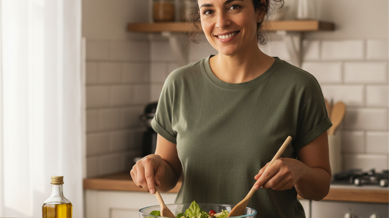 Mujer preparando un bol de ensalada con huevo, garbanzos y tomates cherry