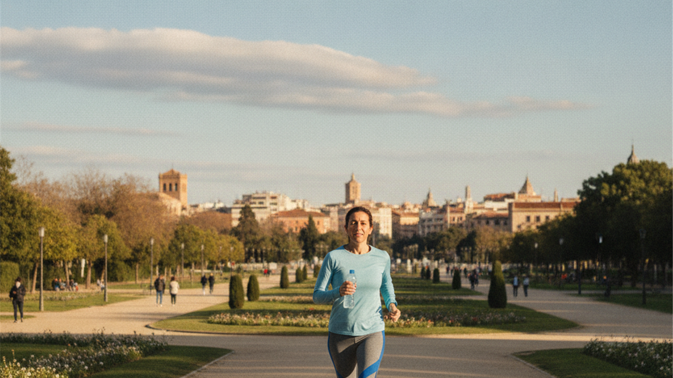 Mujer caminando a paso ligero por un parque con una botella de agua