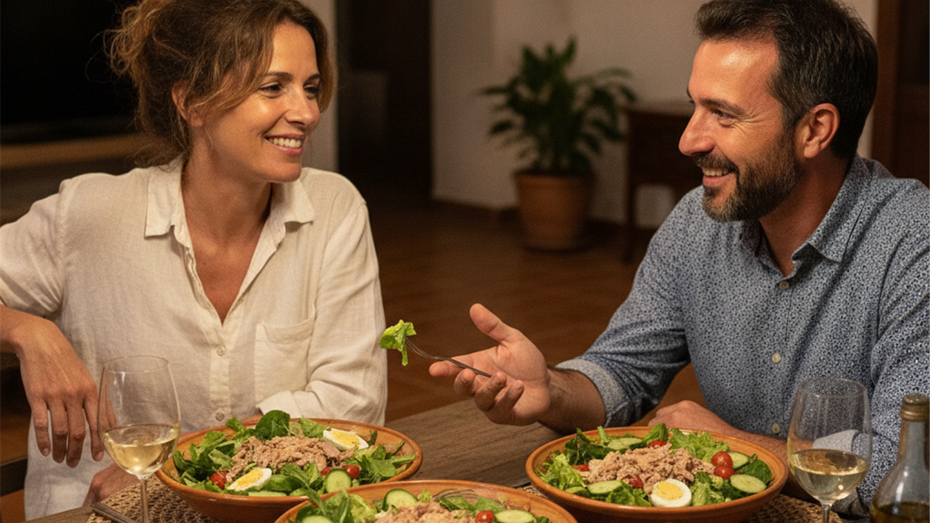 Pareja cenando ensalada ligera con atun en casa