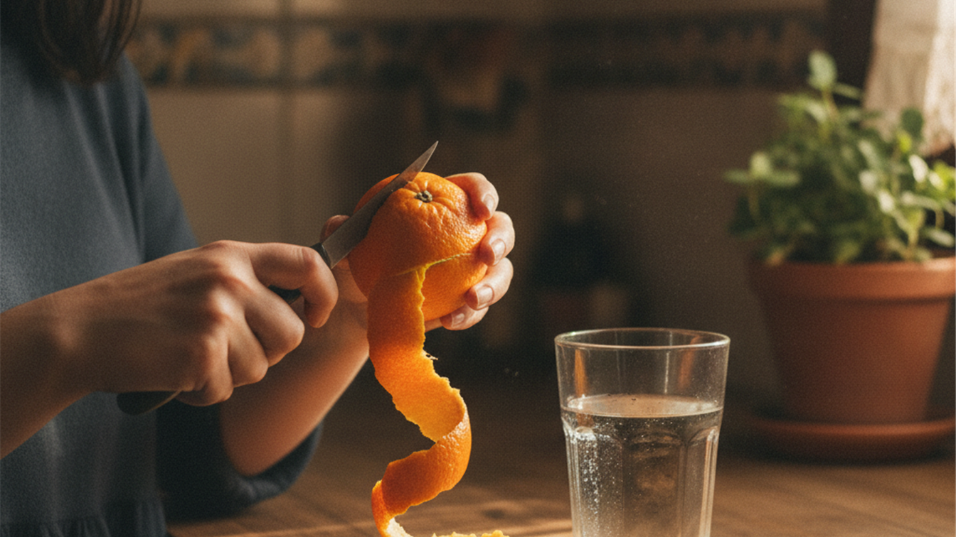 Mujer pelando una naranja junto a un vaso de agua