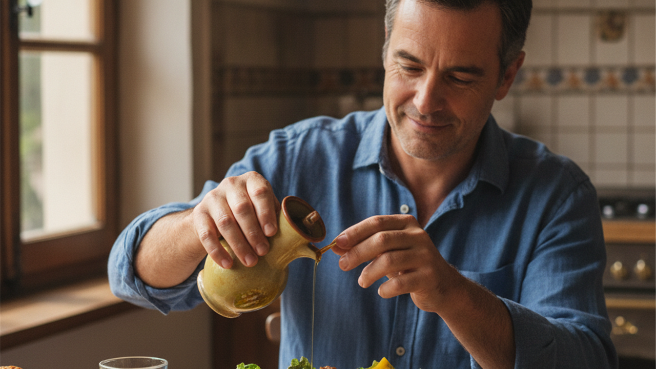 Hombre aliñando con un chorrito de aceite de oliva un bol de ensalada con pollo y verduras