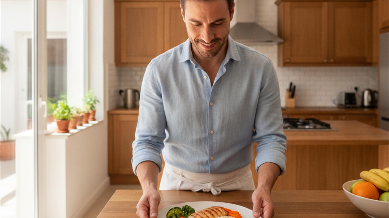 Hombre sirviendo un plato equilibrado con pollo y verduras en la cocina