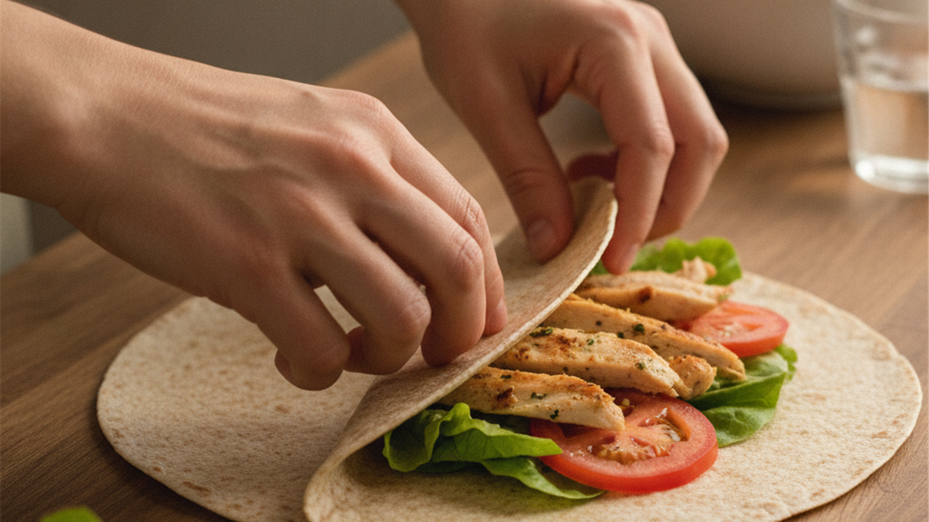 Manos preparando un wrap integral de pollo y verduras