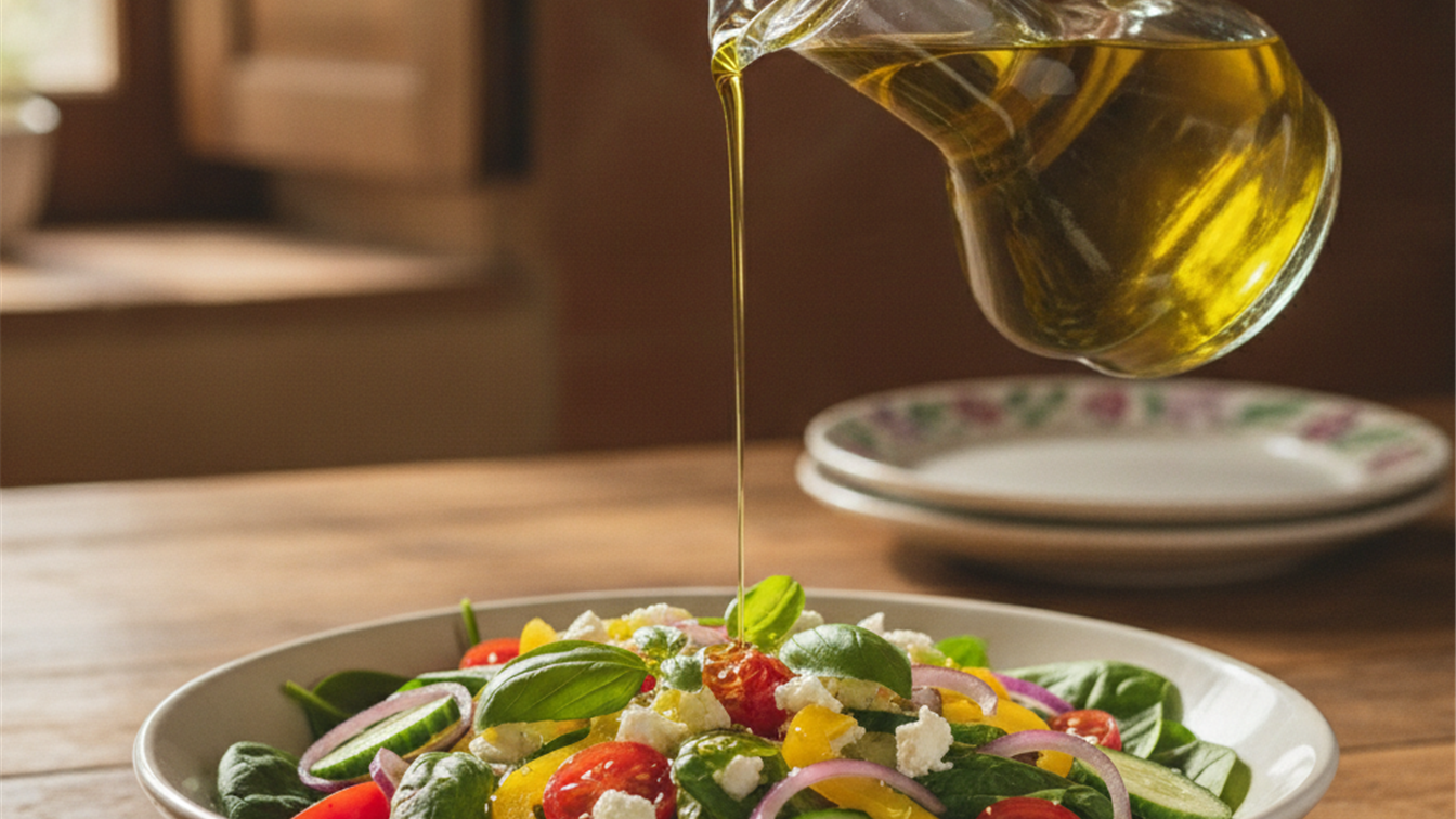 Aceite de oliva sobre una ensalada colorida
