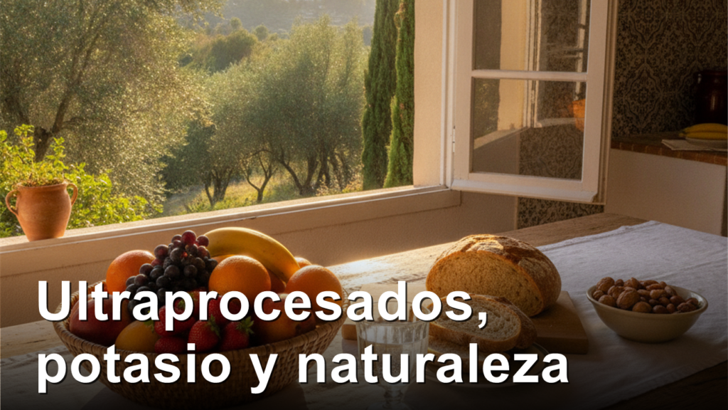 Mesa de cocina con fruta, pan integral y frutos secos junto a una ventana